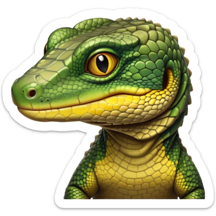 cinematic-realistic-cute-monitor-lizard-portrait-emoji,-head-tilted-playfully-and-inquisitively,-featuring-a-compact,-agile-body-with-finely-detailed,-glossy-scales-in-earthy-olive-hues-and-a-distinct,-alert-face-with-bright,-curious-eyes, black , yellow spotted and green band  scales sticker