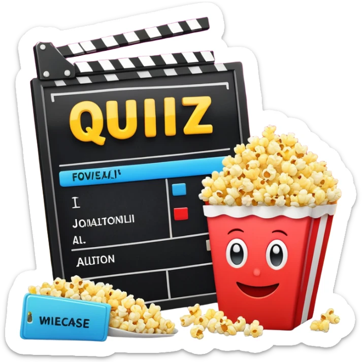 A colorful title slide for "The Emoji Movie Quiz" slideshow game with movie clapperboard, popcorn, and quiz elements arranged in presentation format sticker