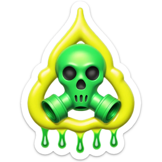 3D render of Oil Slick, toxic waste aesthetic, neon green bubbling liquid, caution yellow metal, industrial warning texture. sticker