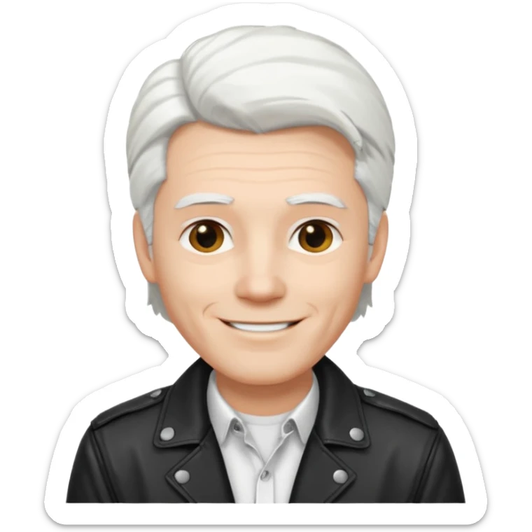 Man with white hair parted in the middle, black in color, shoulder-length, smiling, wearing a white shirt and a black jacket sticker