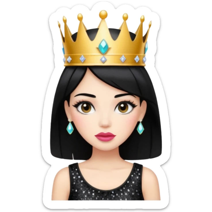 Chica con pelo negro y labios gruesos maquillada hermosa con una corona de brillos y un top negro moderno  sticker