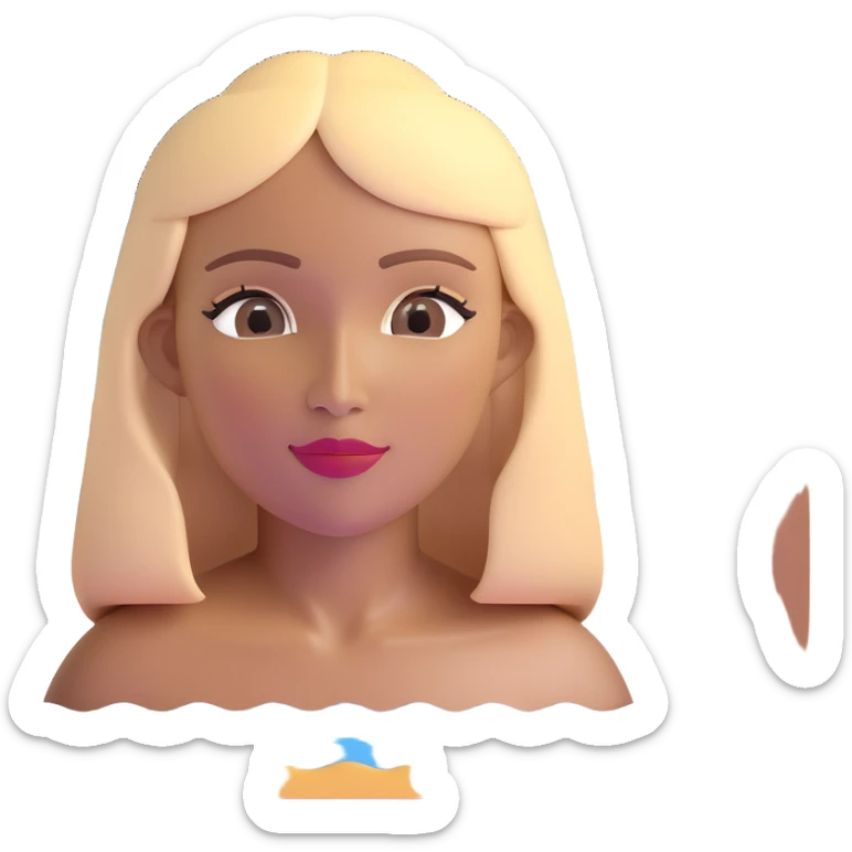 close-up of a woman's face with darker blonde straight hair, light brown skin, with the three iconic arches of Atalaia Beach (Aracaju-SE) prominently displayed very close in the background, middle arch taller with round tops, made of tiles sticker