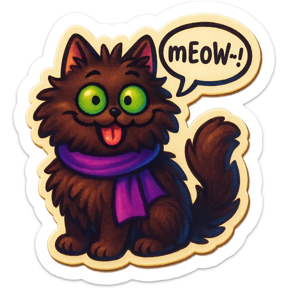 Fluffy cute derpy silly goofy funny dark-brown cat with green eyes and a purple scarf saying ‘mEoW~!’ (With a speech bubble) sticker