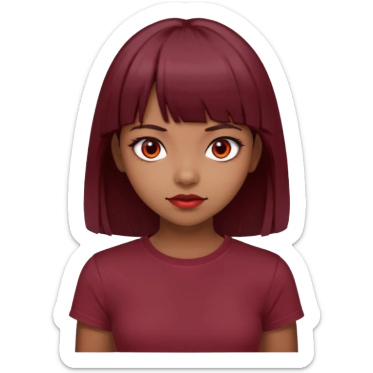 beautiful girl with dark maroon medium hair, straight bangs and red bando, red eyes and brown tshirt  sticker