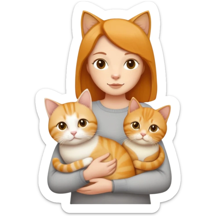 Straight short hair ear length in dark brown , skin tone honey . holding 3 cats - 1 ginger cat , 1yellow white cat , 1 cream color cat British short hair same size  sticker
