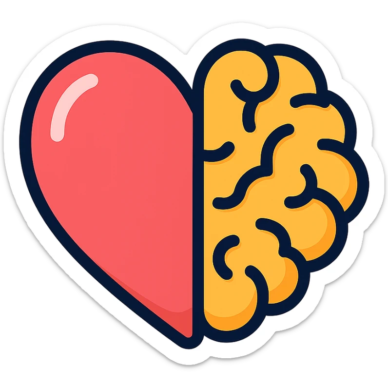 heart and brain together icon emoji, clear outlines, strong shadows and highlights, psychology and psychosomatics theme sticker