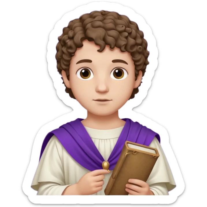 An emoji portrait of a young Roman patrician. He wears a white toga with a purple border. He has short curly hair and a dignified expression, holding a small scroll. sticker