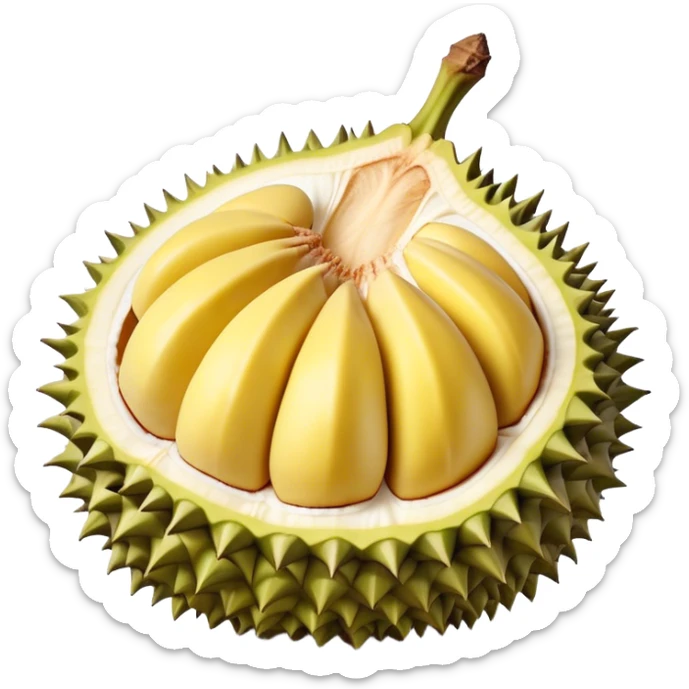 Cinematic Realistic Durian Fruit Dish Emoji, depicted as the notorious spiky fruit with a rich, custardy interior rendered with lifelike detail and bold, distinctive lighting. sticker