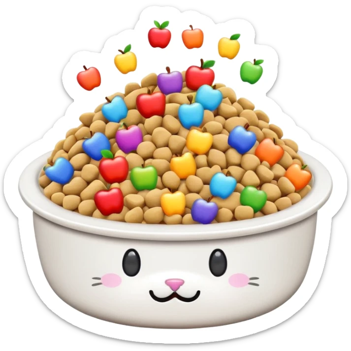 cute cat food bowl overflowing with food piled high on top, white kibble with rainbow pieces, apple emoji style sticker