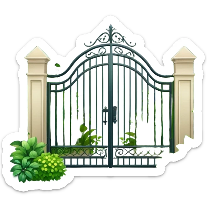 house entrance with iron gate and fence surrounded by lush green plants and bushes sticker