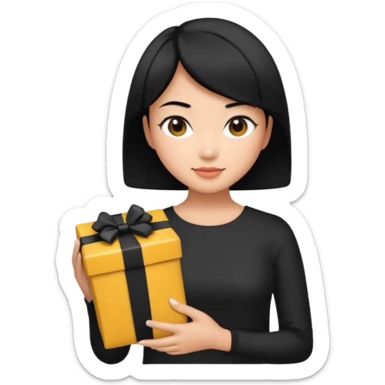 asian woman short hair tanned, holding with black present - emoji style sticker