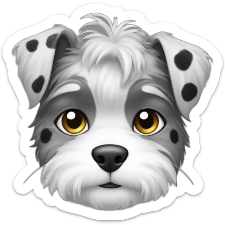 Half of the head and body of a white fluffy cat with black spots and attached to it the head and body of half of a Schnauzer dog are gray sticker