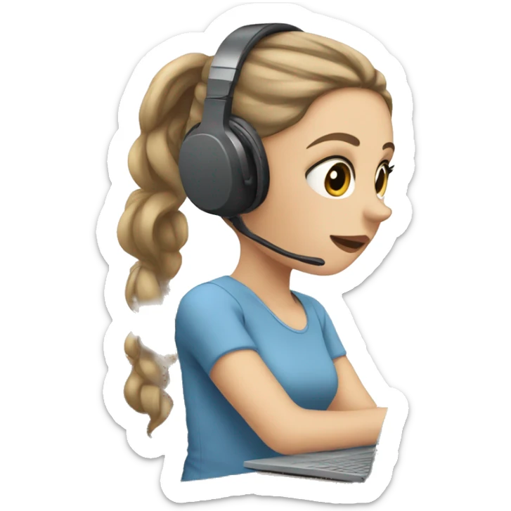 white girl at desk, brown hair, ponytail, blue eyes, computer, headphones sticker