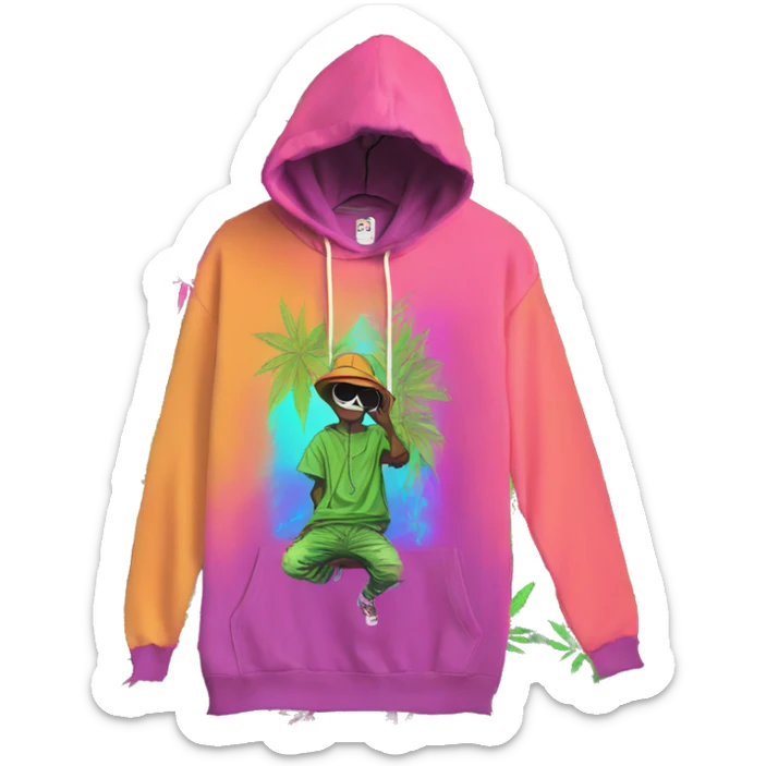 Hemp leaves Multicoloured neon person smoking wearing hoodie dancing hip hop bucket hat tropical Skater fashion aesthetic baggy clothes graphic t shirt 420 sticker