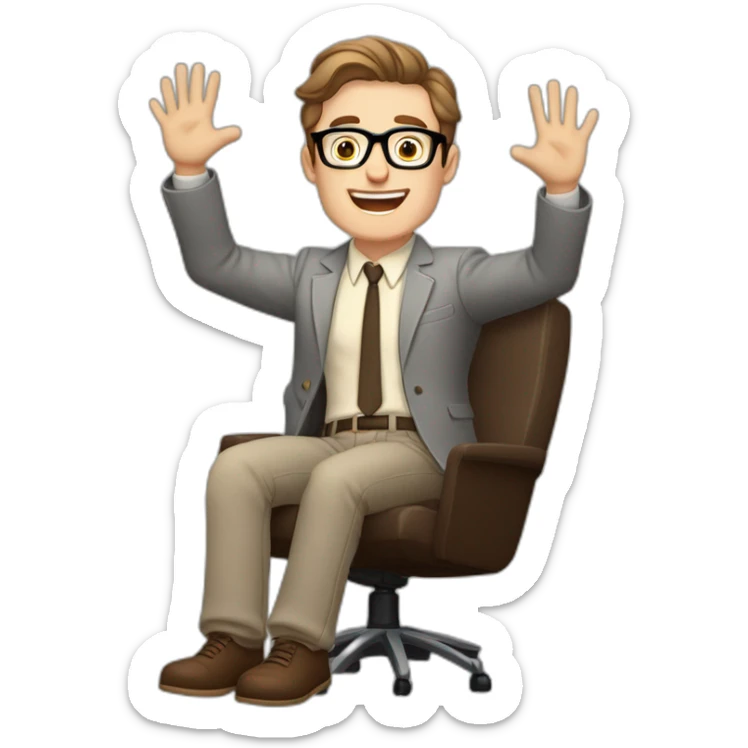 Joyful Celebrating victory Hands up Pale skinned Fit Man With dark brown hair in gray jacket, beige office shirt, Brown pants and vintage glasses sitting In a soft chair sticker