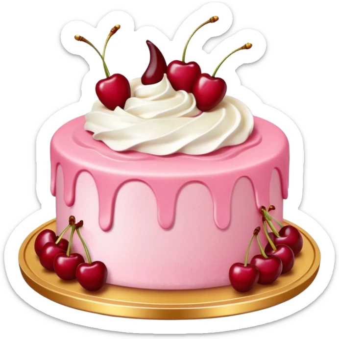 Round pink frosted cake with textured buttercream sides, placed on a gold cake board.
White whipped cream swirls on top, each topped with glossy red cherries with stems, clean studio lighting, isolated background, realistic minimal smooth emoji-style. sticker