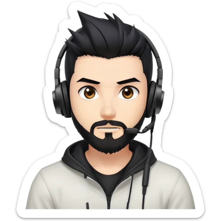 Highly detailed anime-style man with spiky black hair, expressive brown eyes, neat black beard, wearing professional gaming headphones, sharp facial features, anime shading and highlights sticker