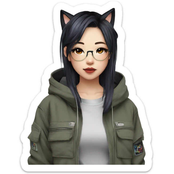 Edgy cool shy colorful Asian urban beautiful pretty anime punk tomboy-lady with cat ears techwear cargo pants hoodie collar  sticker