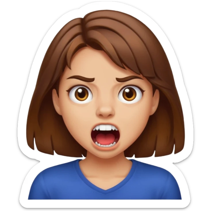 A girl growling like rawr silly vibes but make it an emoji not real human but long brown hair and more silly sticker