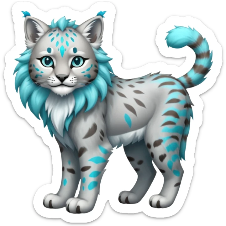 Silver-grey and cyan Fairy-type Bobcat-Lynx-Lion-Fakémon full body sticker