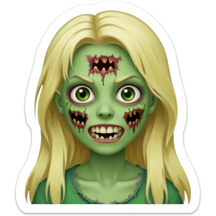girl zombie with blonde long hair with teeth green skin and with no angry face sticker