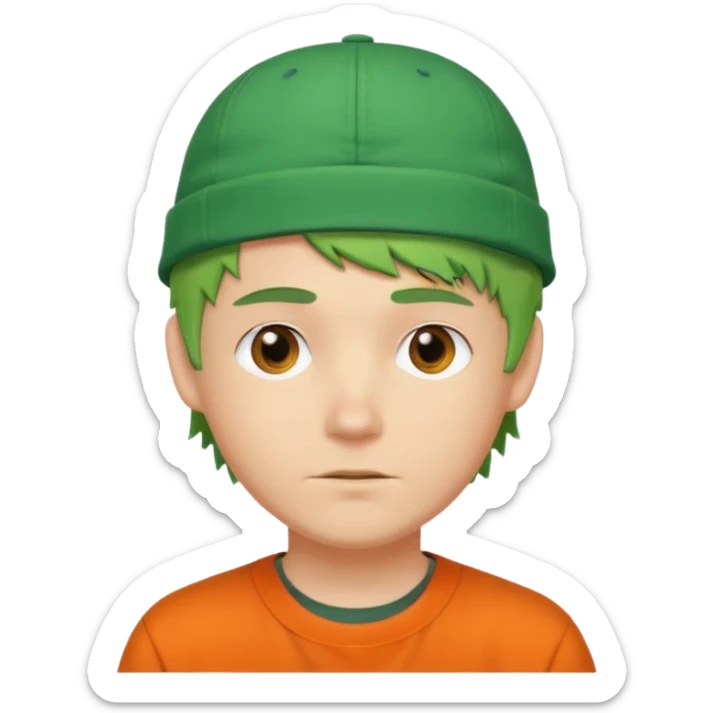 white guy with short messy green hair, wearing an orange backwards cap, street style sticker
