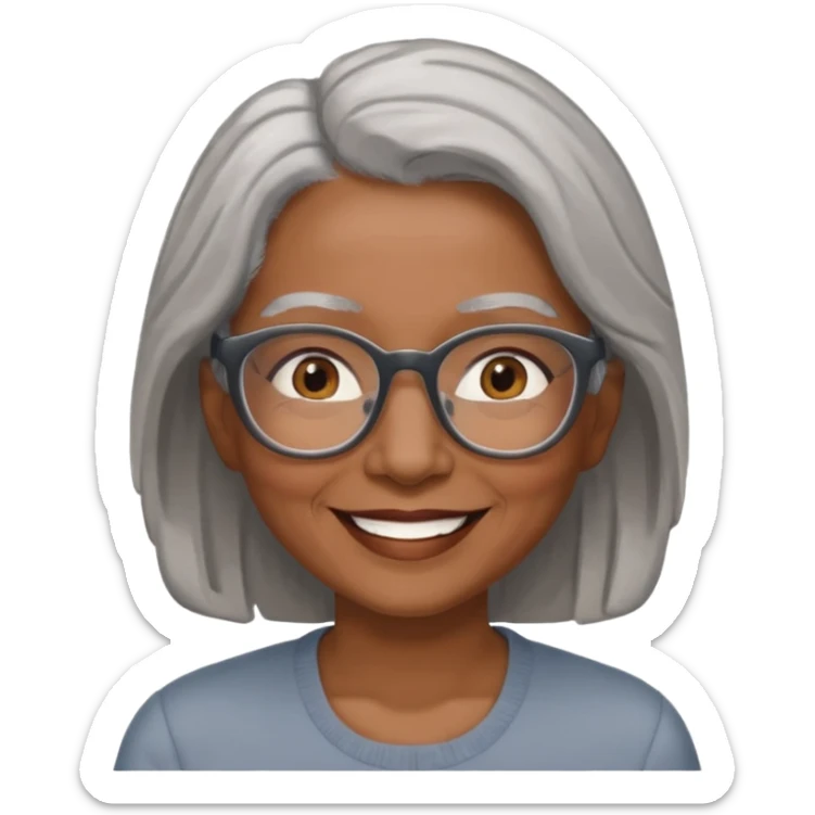 Older woman of color with gray shoulder length  hair and glasses and smiling sticker
