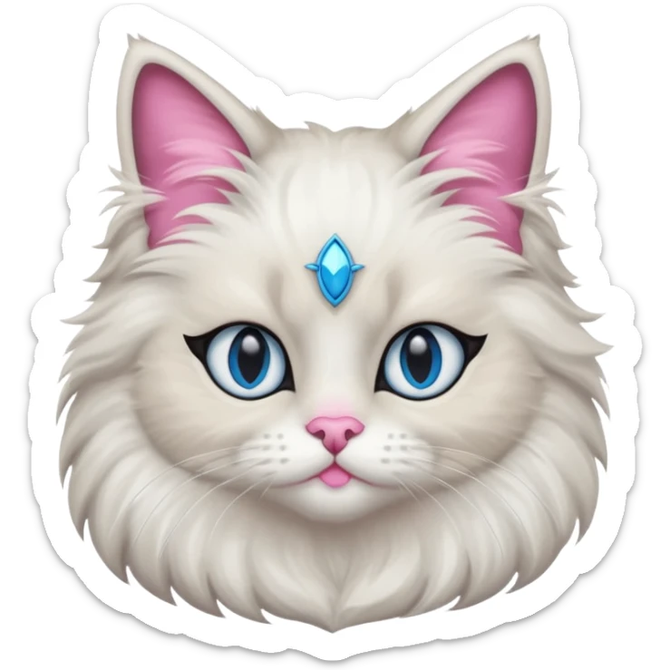 Neva masquerade cat, very fluffy, gray and white, blue eyes and pink nose. No jewelry  sticker