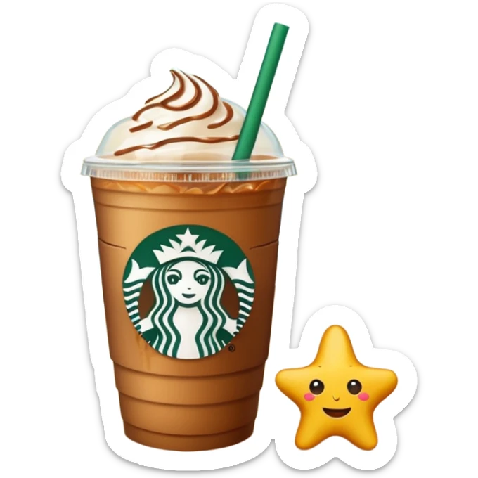 Starbucks summer with cup of iced coffee, sun, beach vibes, cheerful emoji style sticker