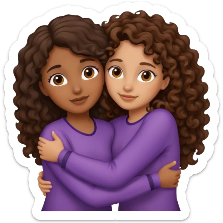 two girls hugging. they have brown skin tone. one has curly dark brown hair. one has medium brown wavy hair.  sticker