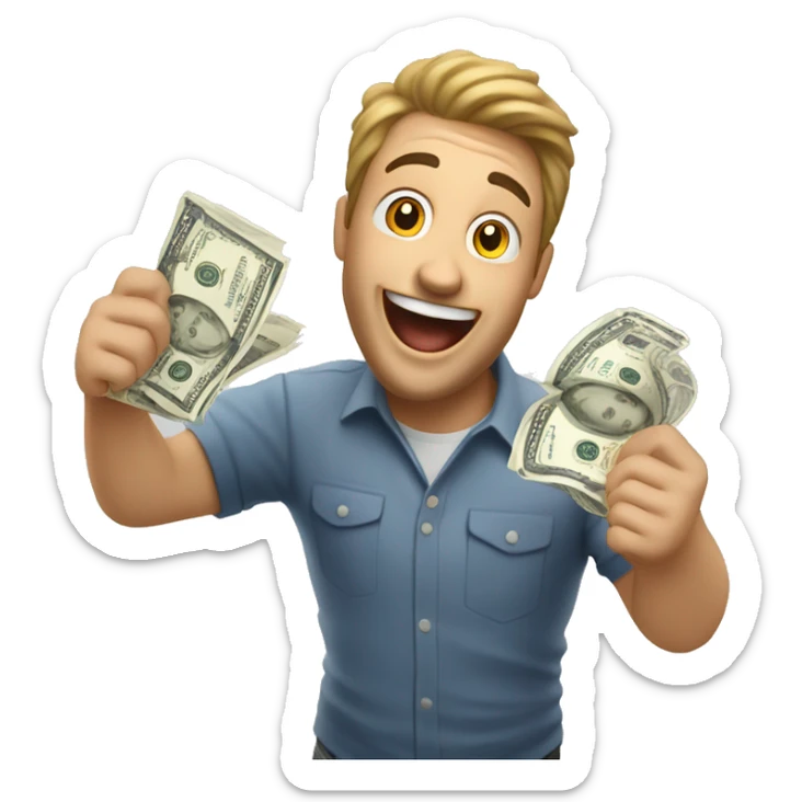 excited, happy man holding out a bill of money in his hand sticker