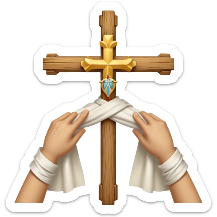 Cross made of wood, the top of the tip of the cross, a golden cross, and a white cloth hanging over the two arms of the cross sticker