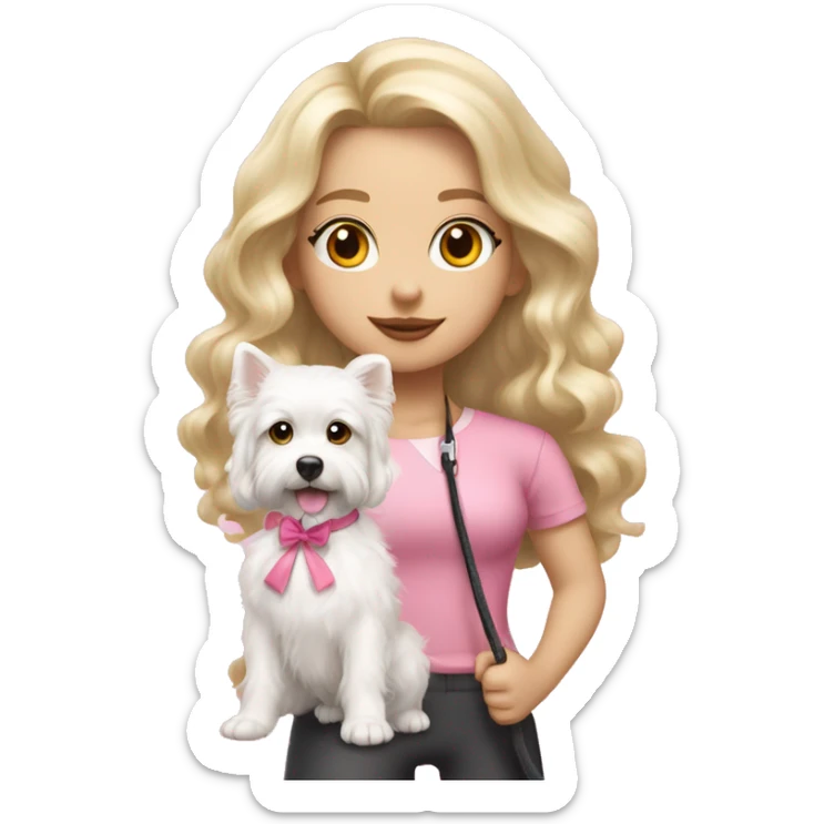 blonde girl with long wavy hair and soft pink lips taking a little fluffy white dog for a walk with a pink bow and leash  sticker