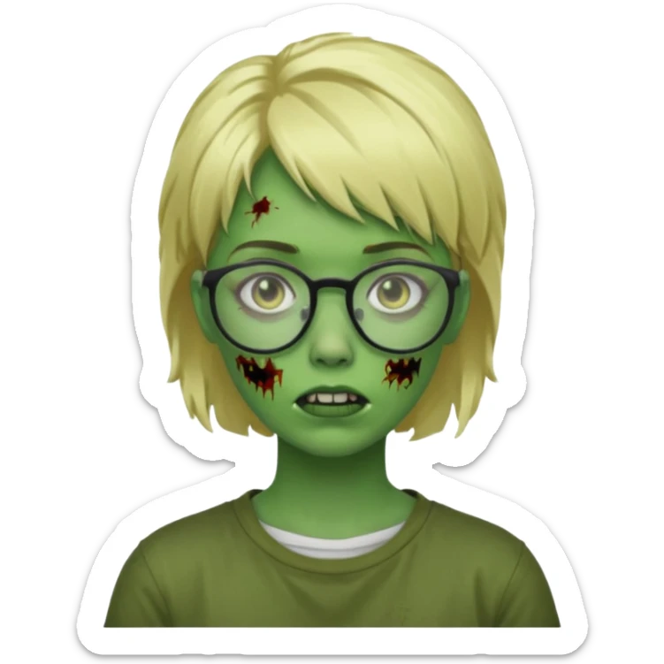 a green girl masc zombie with glasses and short blonde hair like a mullet sticker