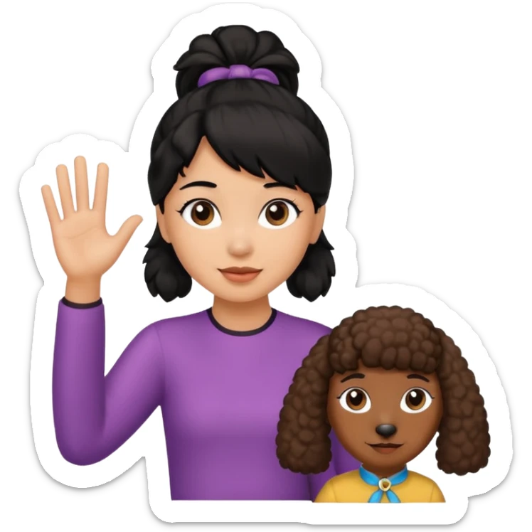 Ponytail black hair girl with brown Poodle say goodbye  sticker