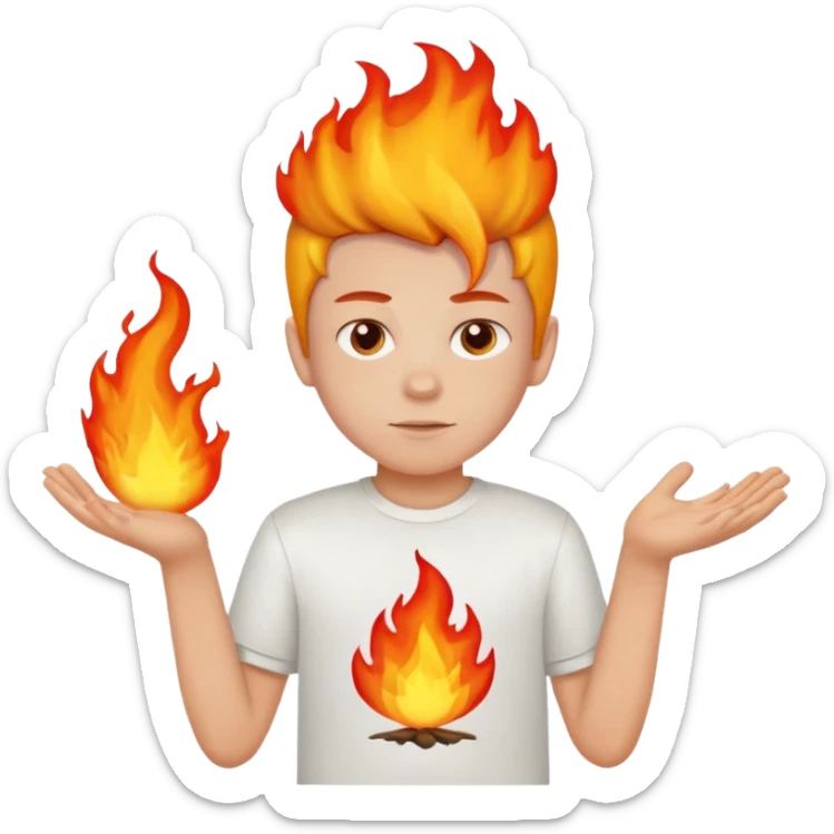 A boy with no hands fire instead made out of red fire and the boy is wearing a shirt that says FIRE C sticker
