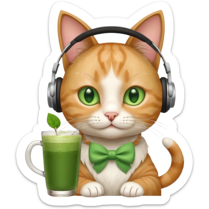 A cat wearing headphones with a glass of matcha, a bow on his ear sticker