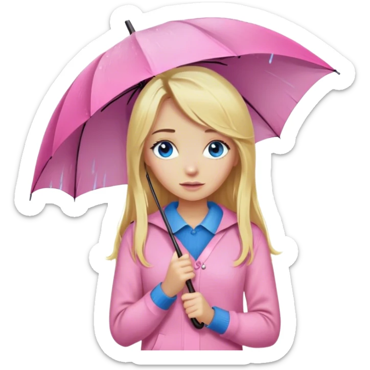 Cinematic realistic emojis in the form of a blonde girl with long hair and blue eyes, dressed in a pink sweater and jeans, holding an umbrella above her, on which rain is dripping sticker