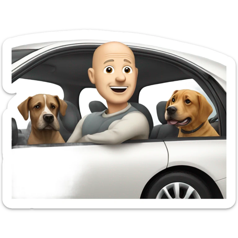 A bald man in his 50s driving a Prius filled with a bunch of dogs sticking their heads out of the windows sticker