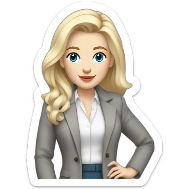 pale skin woman interior designer with cold blonde middle length hair, blue eyes, White blouse, Gray oversize jacket, Gray skirt holding a color palette in the hands sticker