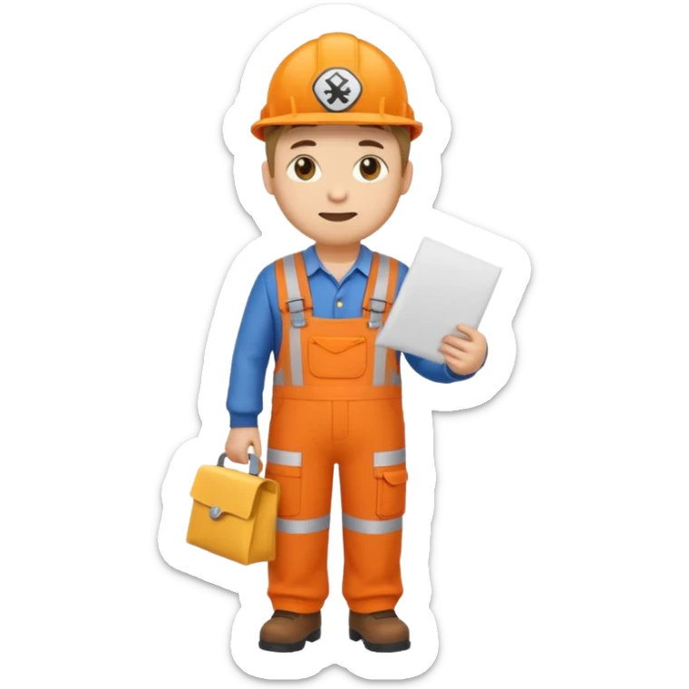 emoji style railway engineer full body in orange overalls, carrying one piece of paper in front of him sticker