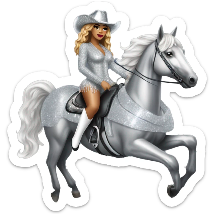beyoncé in a silver crystal outfit wearing a silver crystal cowboy hat riding a silver shimmery horse sticker