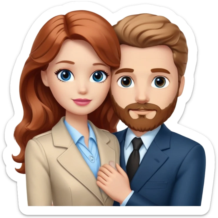 Barbie girl  , eyes blue , Chestnut red long wavy hair In pale beige clothes, Hugs a man with light brown hair Short hair , brown eyes , With a beard and a black suit sticker