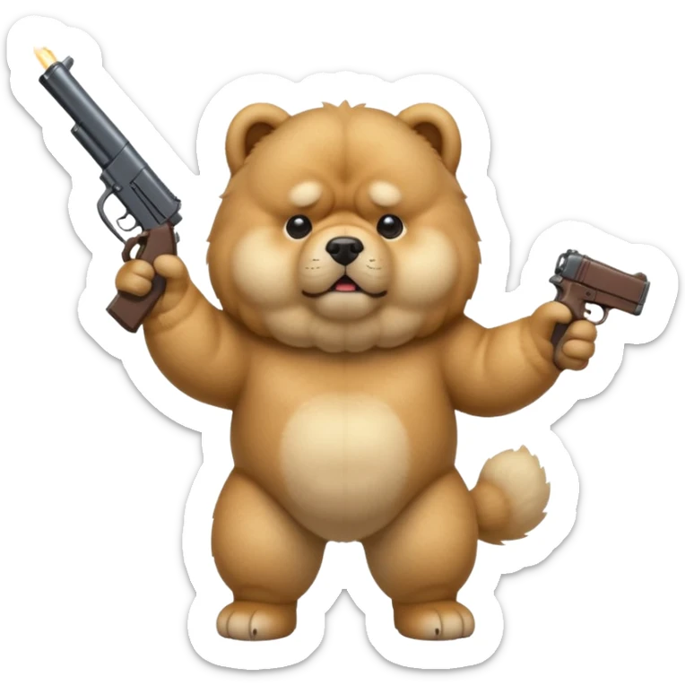 Funny cartoon-style chow chow dog with light fur standing on its hind legs and holding a gun menacingly sticker