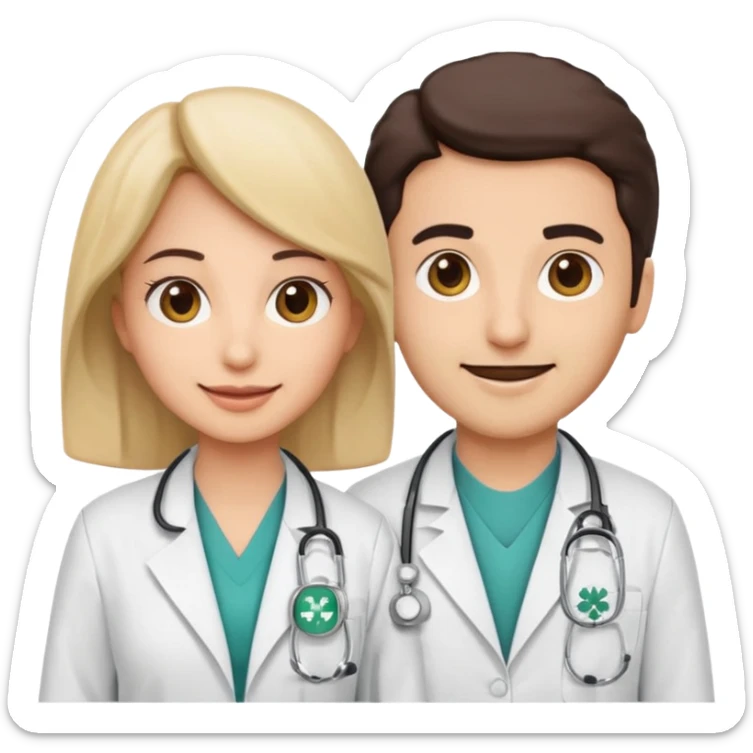 A cute cartoon-style emoji of a Saudi male and female doctors wearing white lab coats with the Alfarabi Medical Laboratories logo. Friendly smiles, soft colors, and simple features, suitable for medical branding and social media. sticker