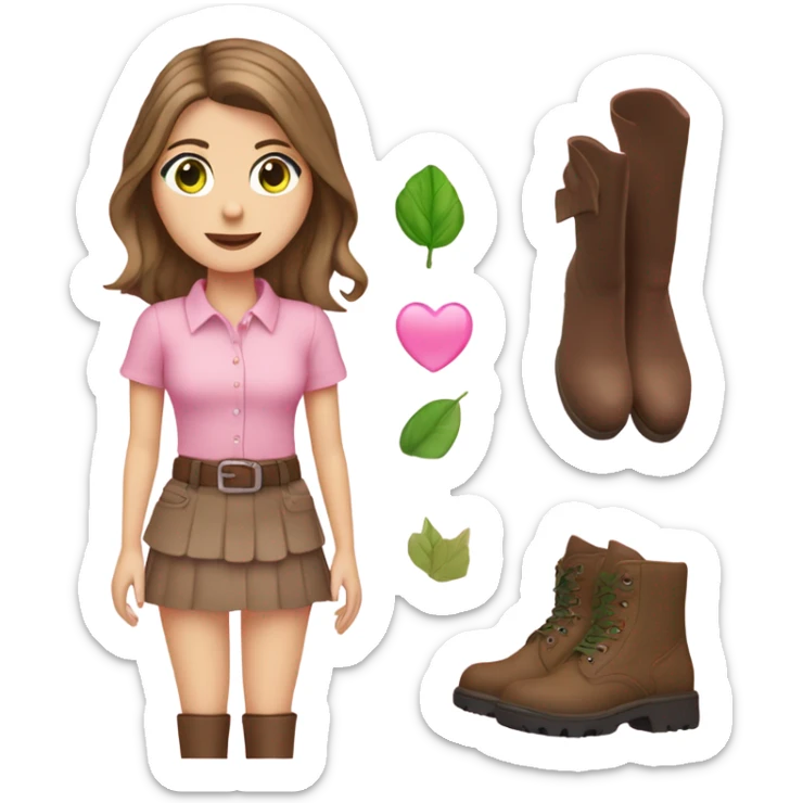 White girl with brown hair and green eyes, wearing a pink shirt and pink skirt and boots ￼ sticker