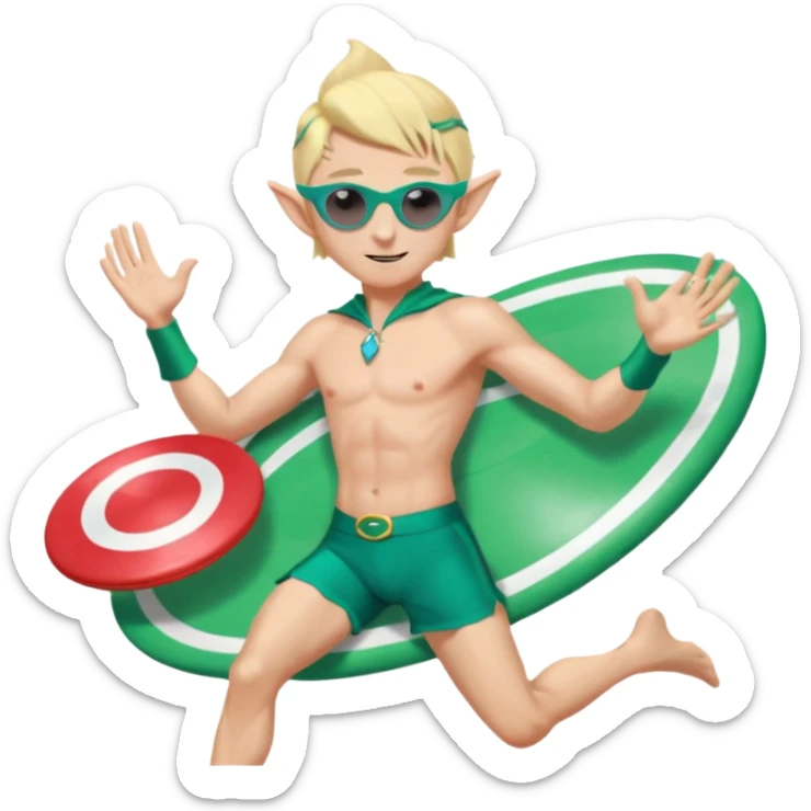 elf male legolas launching a frisbee woven from pure sunlight, wearing sporty teal swim shorts and performance sunglasses, pointy ears, centered emoji sticker