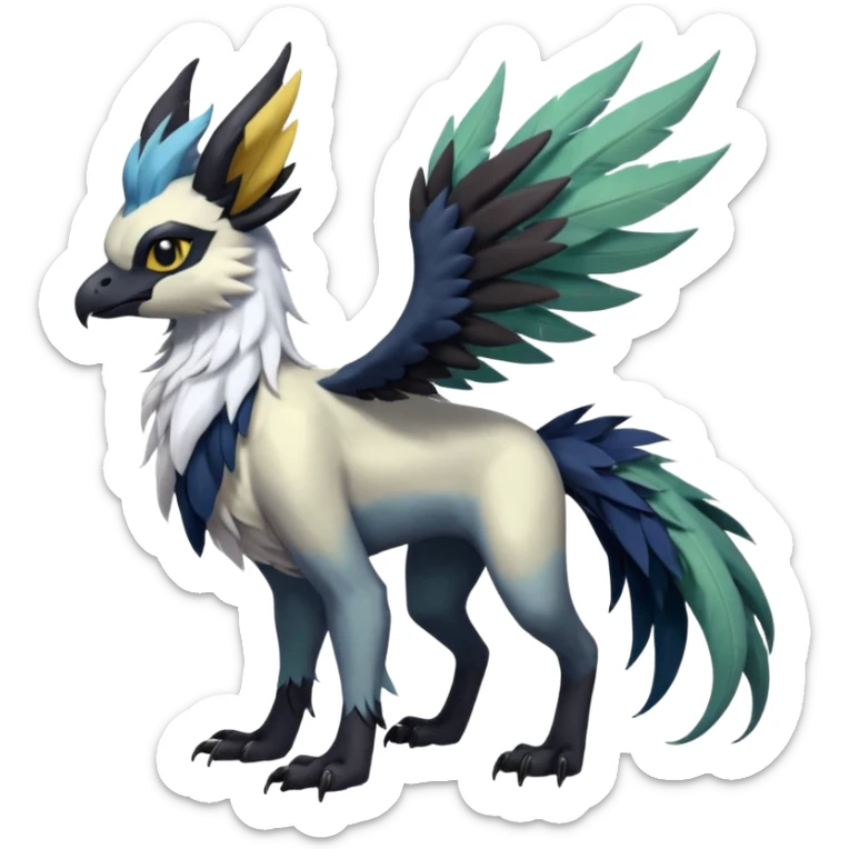 Dark-deep-colored gryphon-Trico-Nargacuga-Absol-Leafeon-Sprigatito-Silvally-fusion-hybrid with a long tufted tail, black beak, black claws, black tail, majestic, realistic, furry (full body) sticker