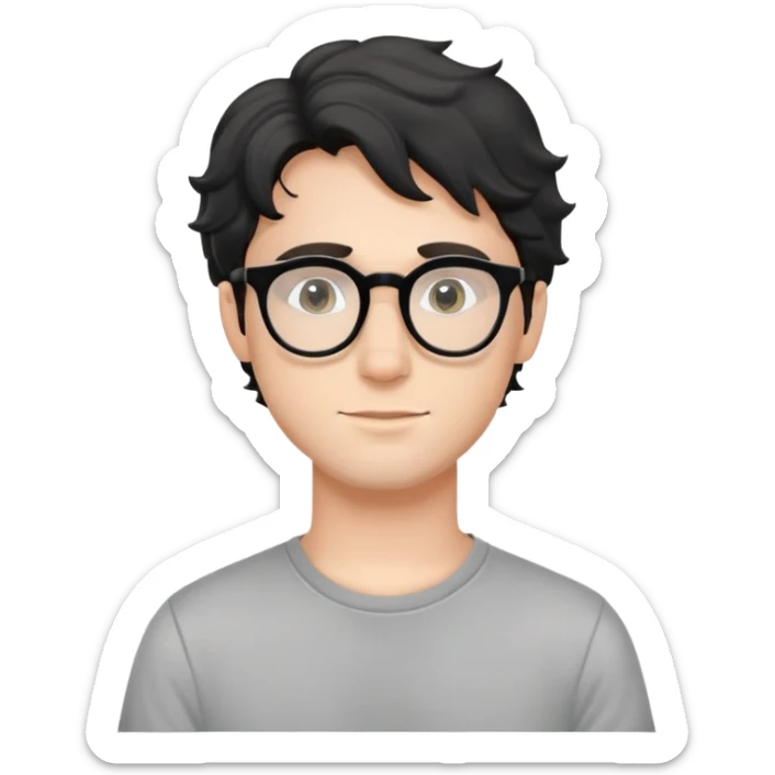 Young caucasian man with black wavy hair, round glasses, simple grey t-shirt sticker