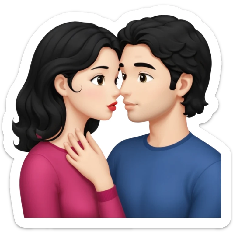 a handsome man with black short wavy hair, no beard tries to kiss a cute woman who has long~~ black hair sticker